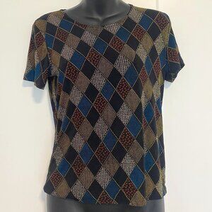 Western Connection Vintage Argyle Diamond Print‎ Stretchy Tee Shirt Top Size L/G